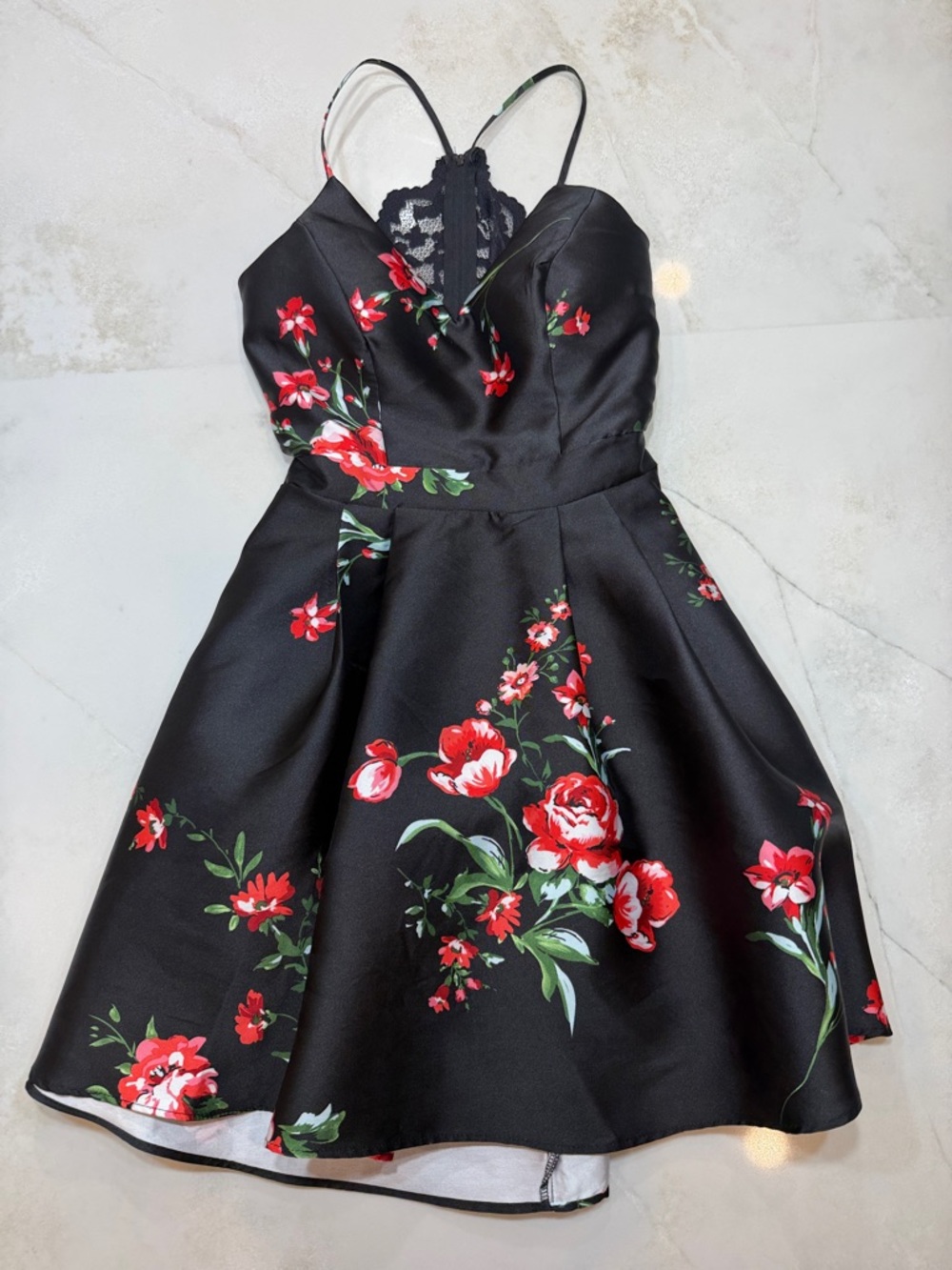 B. Smart Black Mini Dress with Red Floral Print